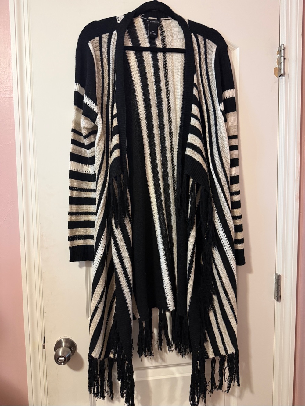new directions Black and Cream Striped Fringe Open-Front Cardigan